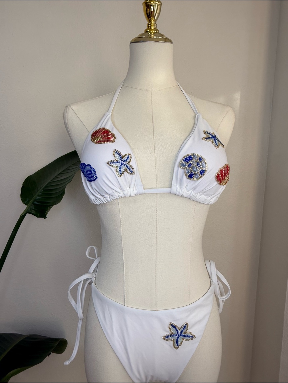 White Embellished Sea Life Triangle Bikini Top & Tie-Side Bottoms